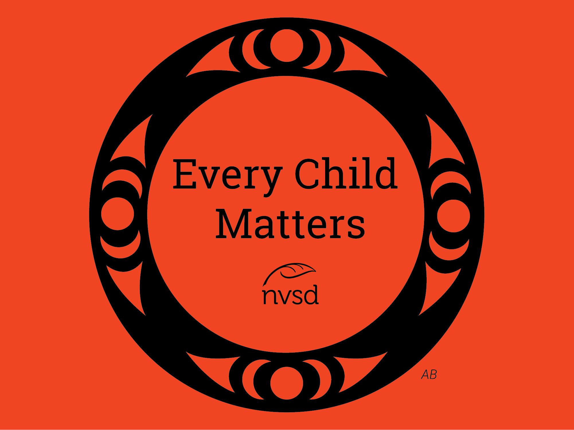 Orange graphic with “Every Child Matters” centered inside a black Coast Salish-inspired circular design, with the NVSD logo below.